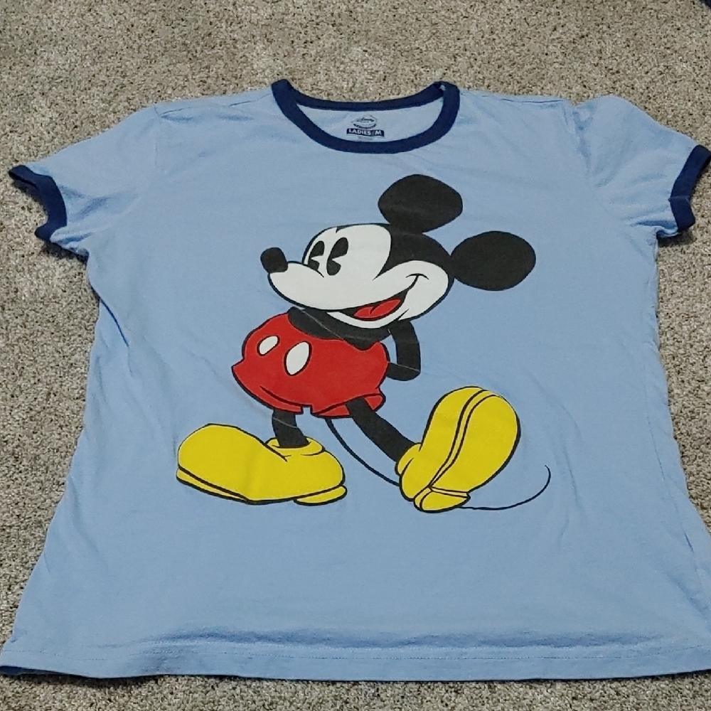 Disney Store Mickey Mouse Ringer T-Shirt Light Blue Navy Trim Cotton Womens M